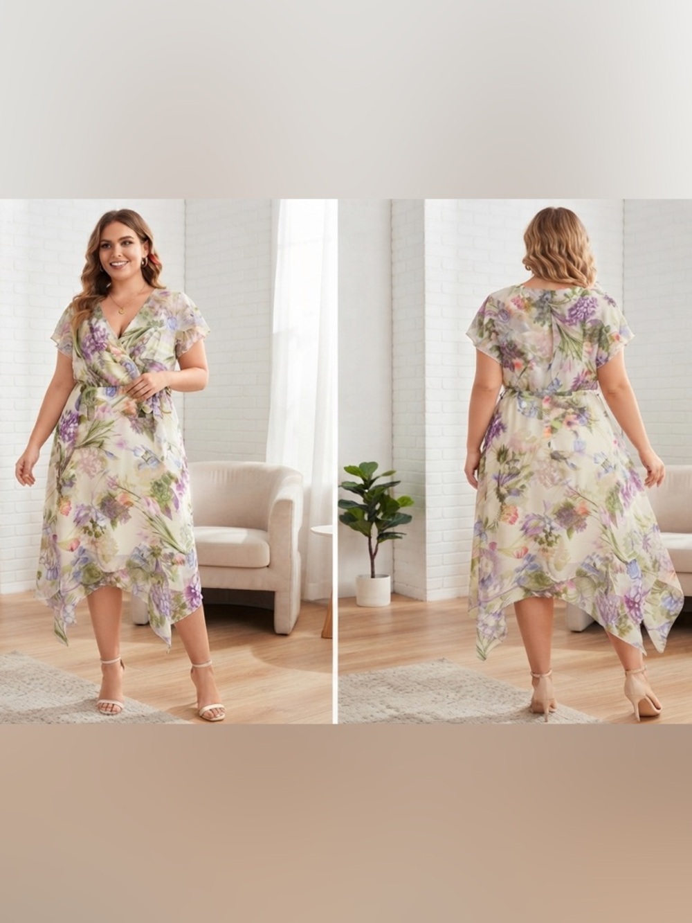 Lane Bryant Cream Floral Asymmetrical Midi Dress with Purple & Green Accents